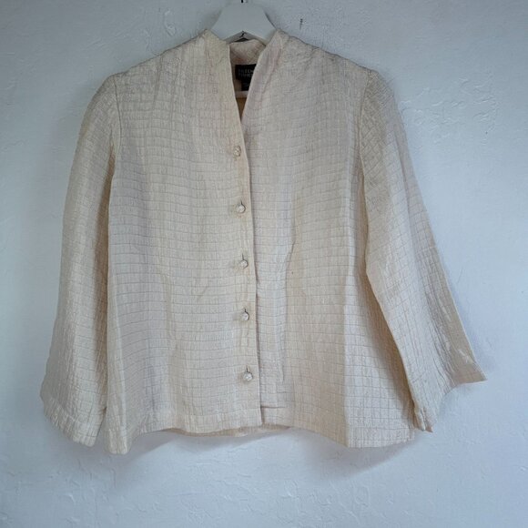Eileen Fisher Womens Beige Silk Linen Check Textured Button-Front Jacket XS - Picture 1 of 10